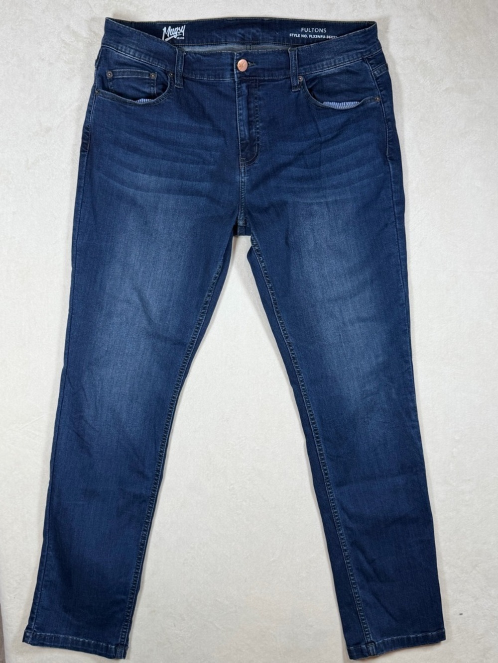 Mugsy Jeans Fultons 36W 32L Men’s Navy Performance Stretch Straight Jeans